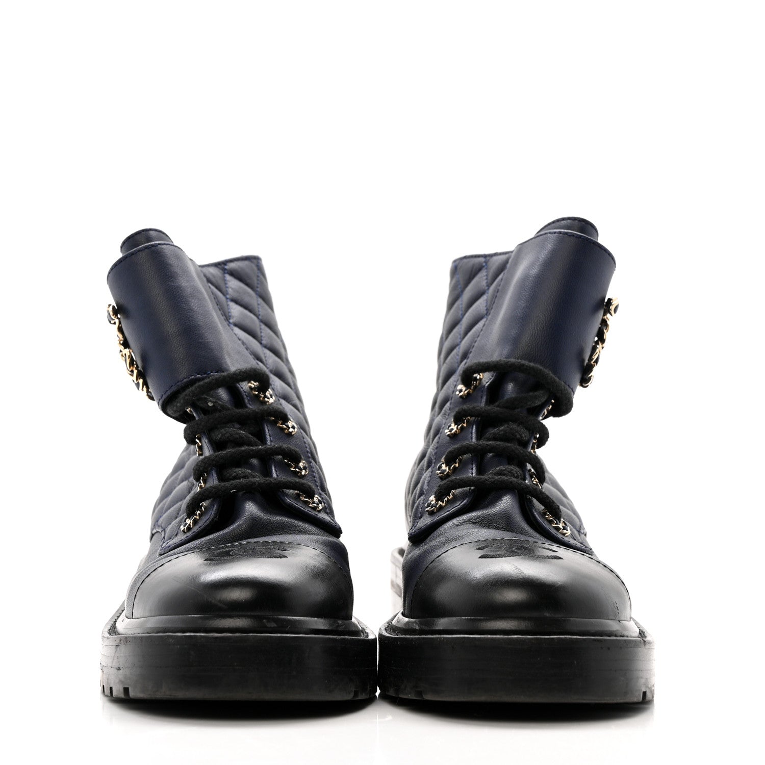 Chanel Shiny Lambskin Quilted Lace Up Combat Boots 36.5 Navy Black 3 of 10