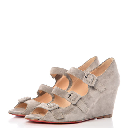 Christian Louboutin Veau Velours Janice 70 Open Toe Wedges 35 Elefante 3 of 9
