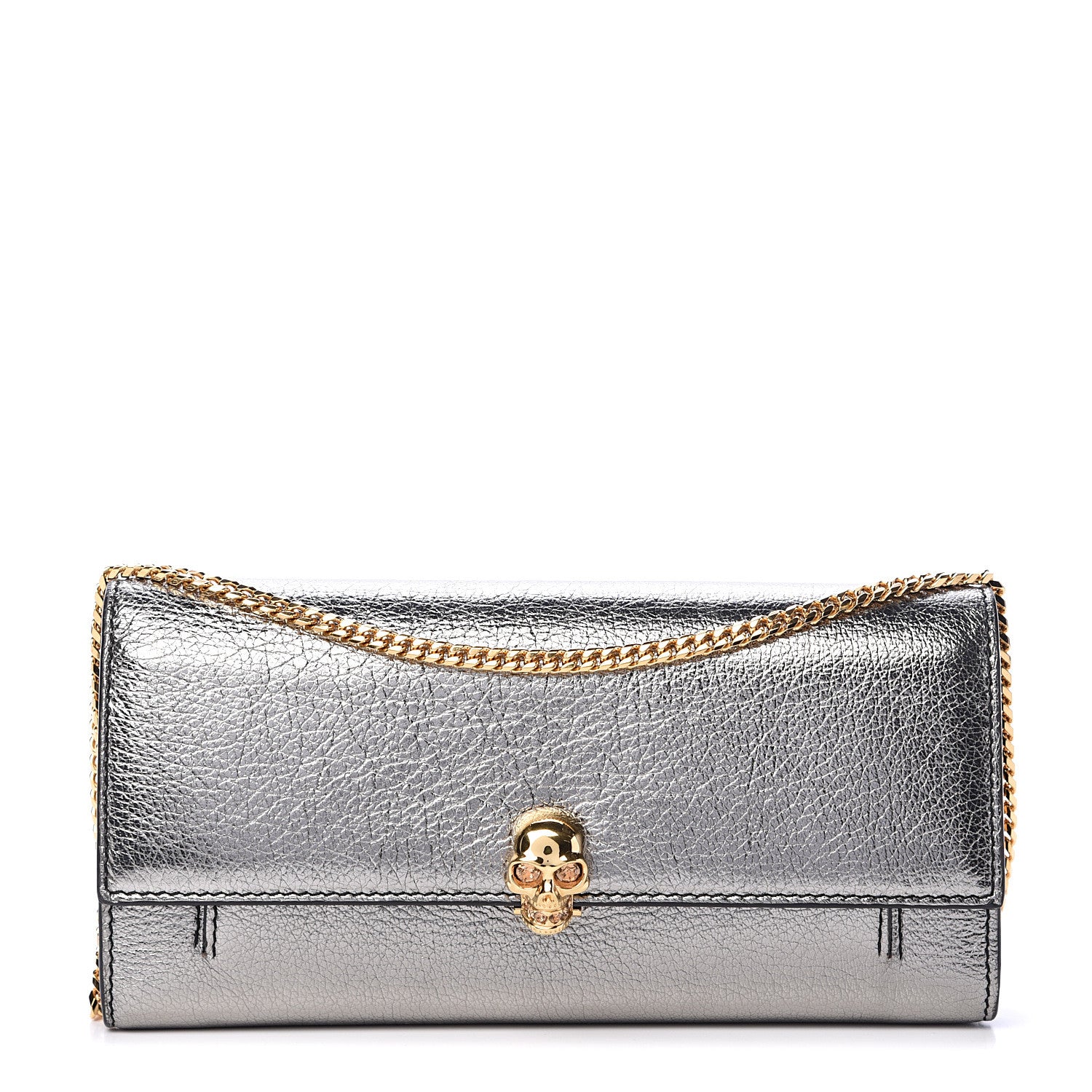 Alexander McQueen Metallic Calfskin Skull Wallet on Chain Silver 1 of 8