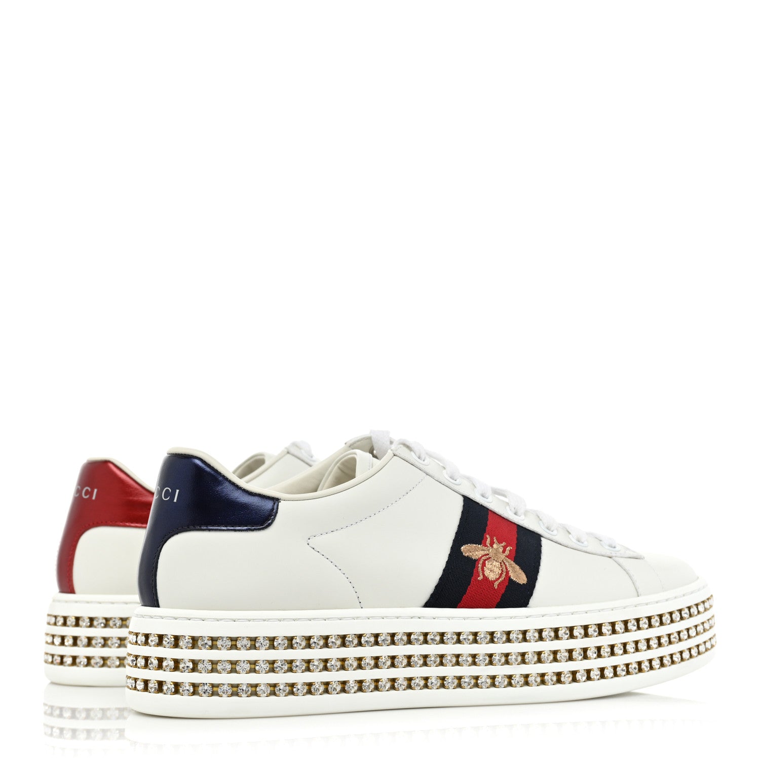 Gucci Calfskin Crystal Web Bee Embroidered Womens Ace Platform Sneakers 38 White 5 of 10