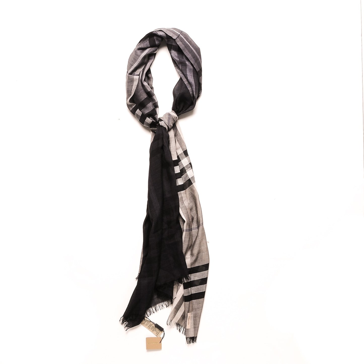 Wool Silk Ombre Gauze Giant Check Scarf Charcoal