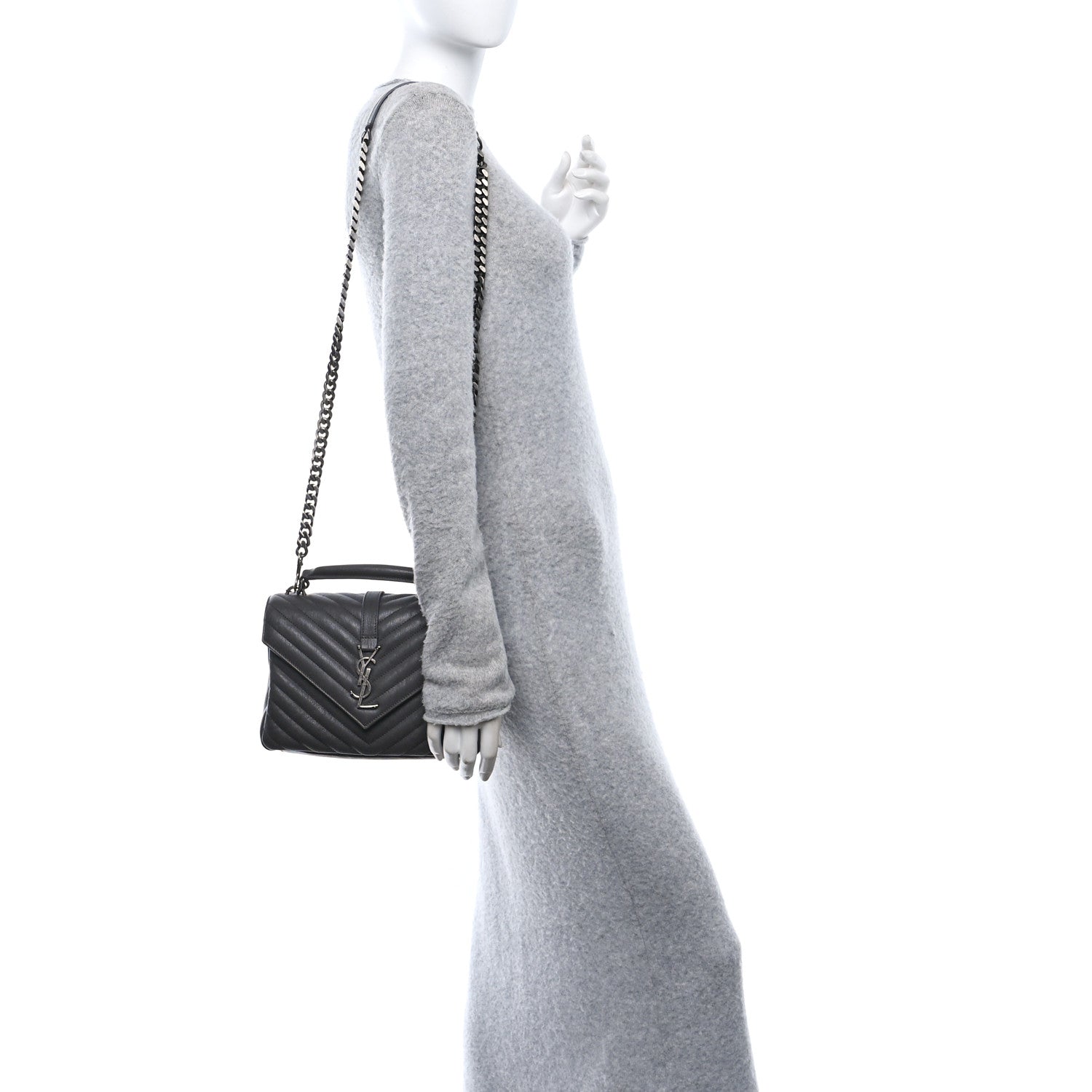 Saint Laurent Sheepskin Matelasse Chevron Monogram Medium College Bag Light Coal 2 of 11
