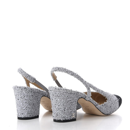 Chanel Tweed Grosgrain Cap Toe CC Slingback Pumps 38.5 Grey Silver Black 5 of 15