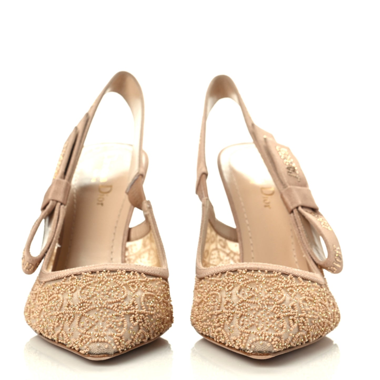 Mesh Grosgrain Crystal Constantine Embroidered J'Adior Slingback 100mm Pumps 39.5 Nude