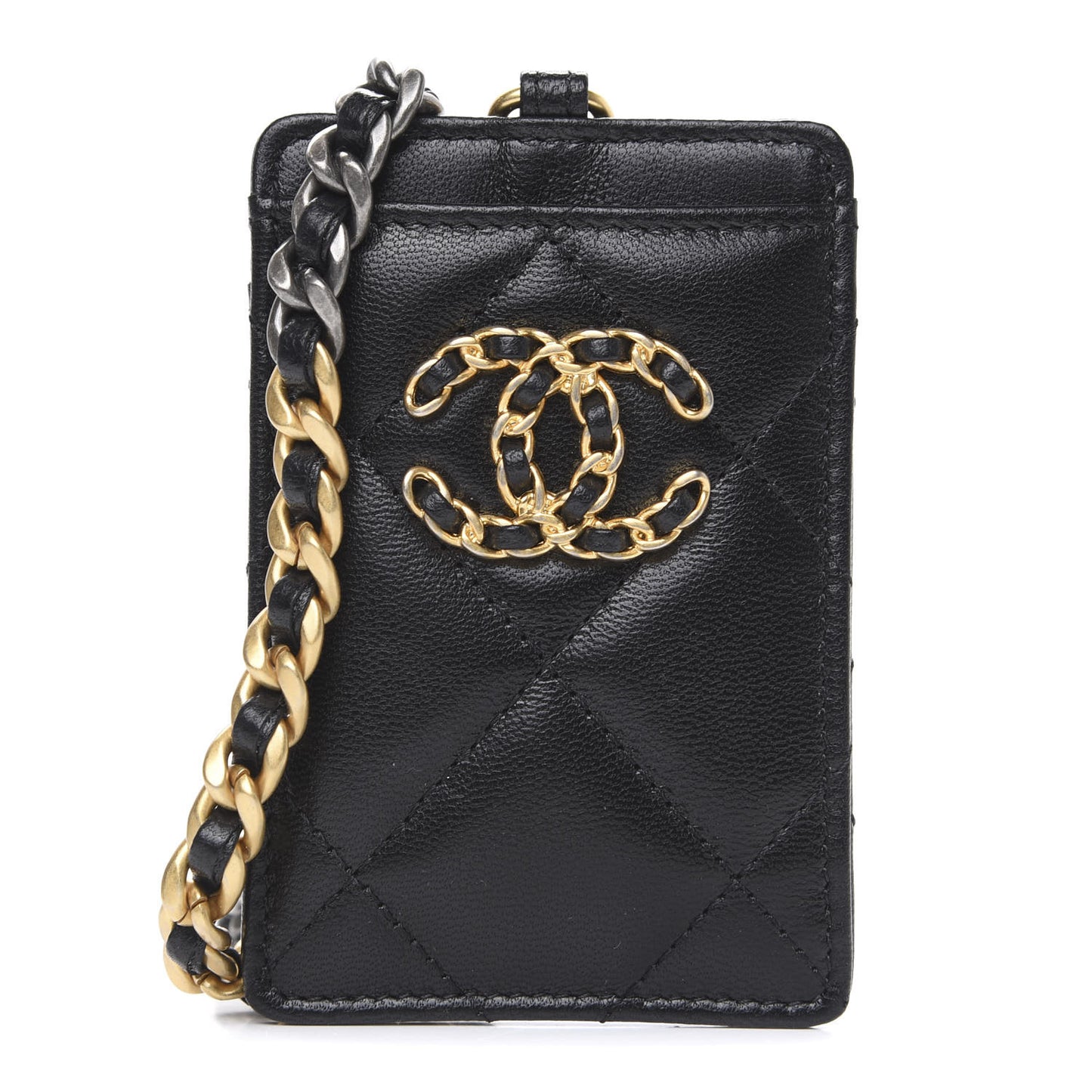 Goatskin Quilted Chanel 19 Card Holder On Chain Black