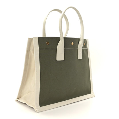 Saint Laurent Linen Calfskin Small Rive Gauche Tote Military Green Blanc Vintage 3 of 9