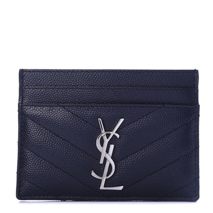 Saint Laurent Grain De Poudre Matelasse Monogram Chevron Credit Card Case Deep Marine 1 of 8