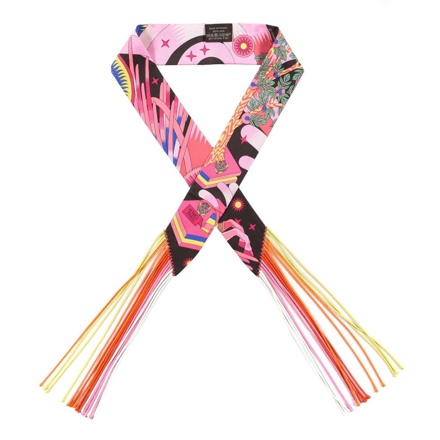 Silk La Source de Pegase Fringed Twilly Ebene Rose Vif Jaune Vif