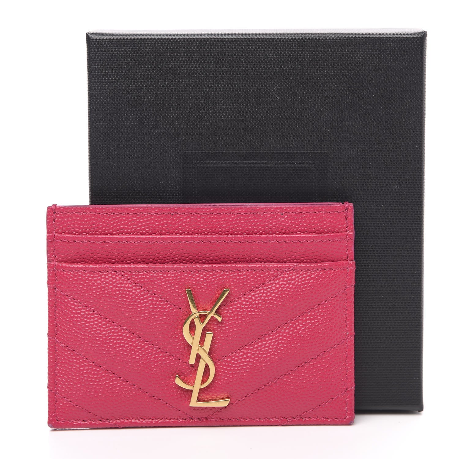 Saint Laurent Grain De Poudre Matelasse Chevron Monogram Credit Card Case Fresh Fuxia 10 of 10