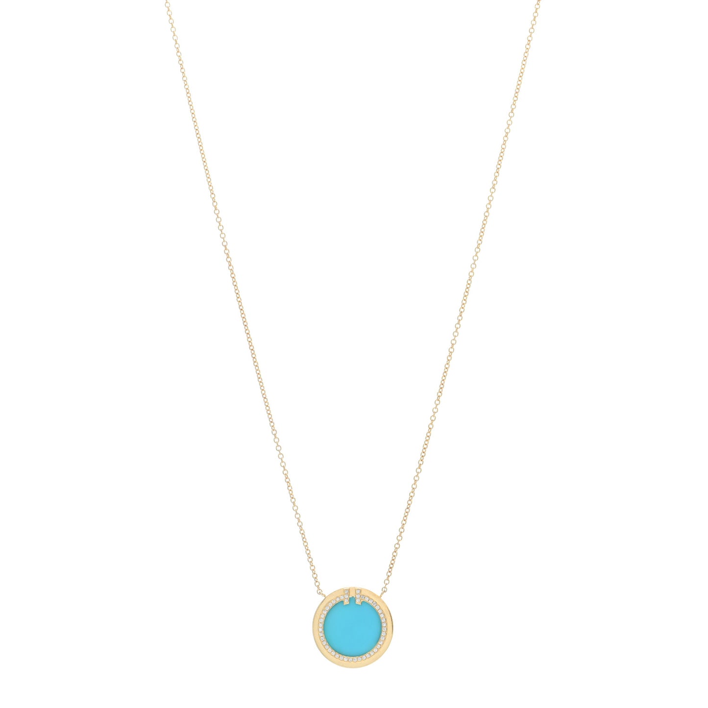 18K Yellow Gold Diamond Turquoise T Circle Pendant Necklace