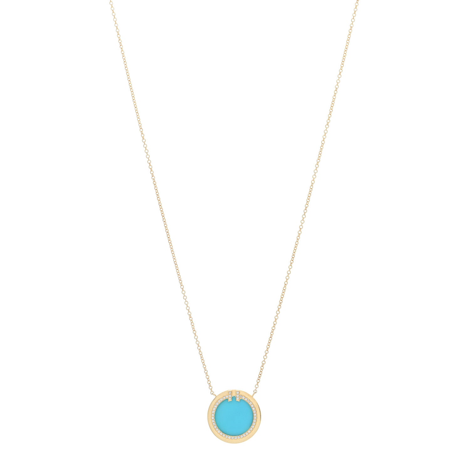 Tiffany 18K Yellow Gold Diamond Turquoise T Circle Pendant Necklace 1 of 5