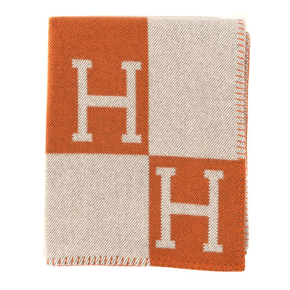 Hermes Wool Cashmere Signature Classic Avalon Blanket Ecru Potiron 1 of 3