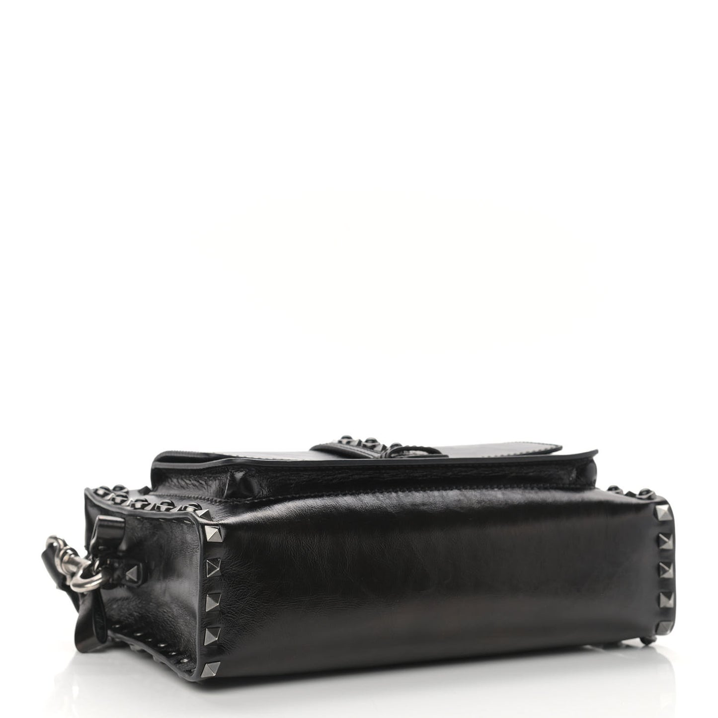 Craquele Calfskin Small Guitar Strap Rockstud Rolling Flap Pocket Shoulder Bag Black