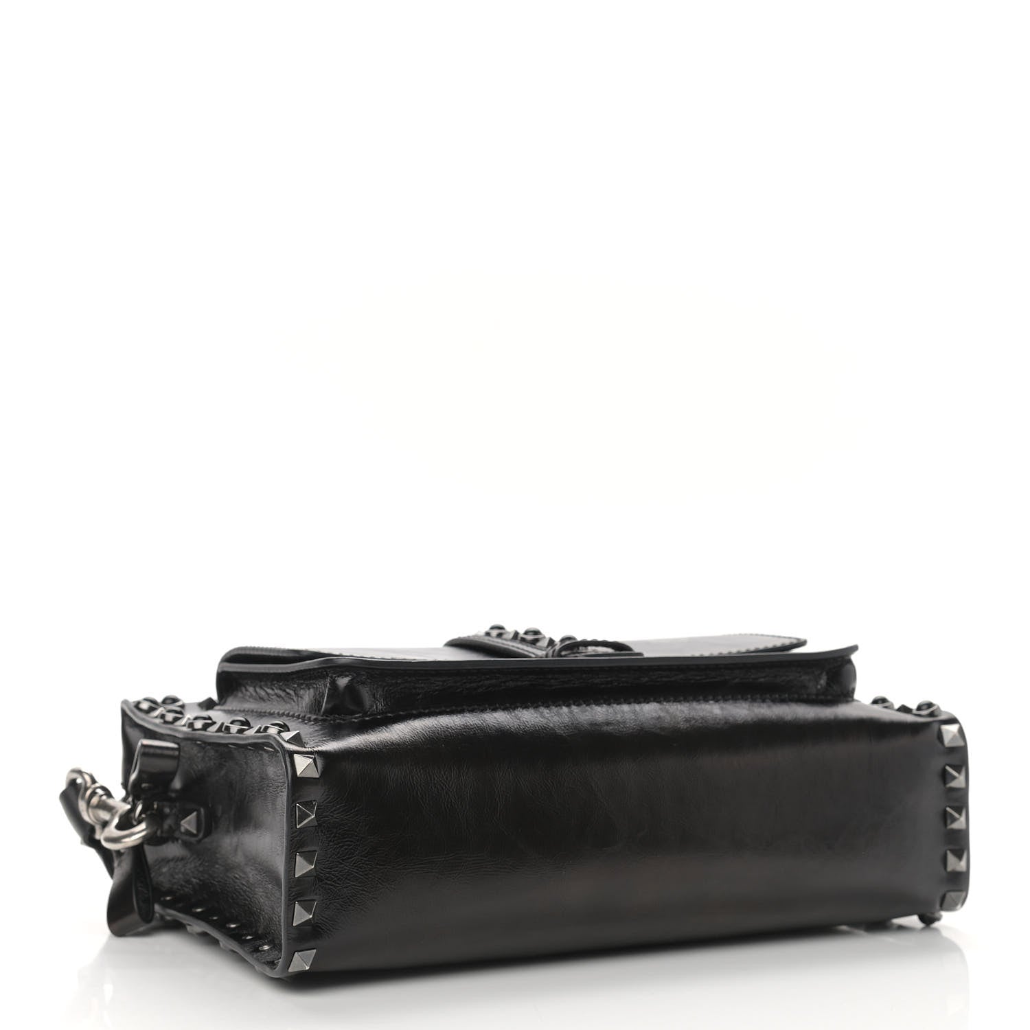 Valentino Garavani Craquele Calfskin Small Guitar Strap Rockstud Rolling Flap Pocket Shoulder Bag Black 4 of 11