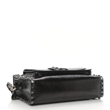 Valentino Garavani Craquele Calfskin Small Guitar Strap Rockstud Rolling Flap Pocket Shoulder Bag Black 4 of 11