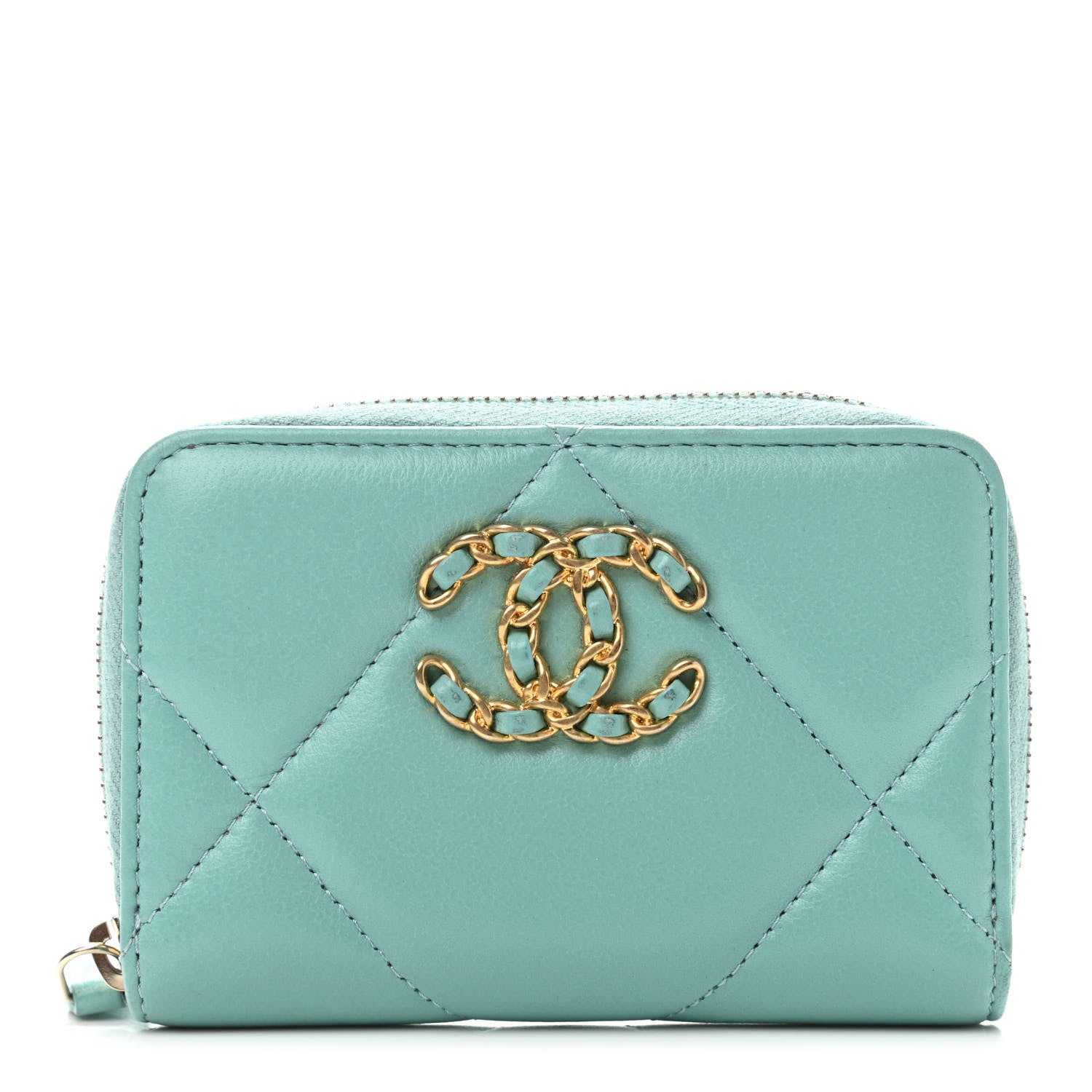 Chanel Lambskin Quilted 19 Zip Around Coin Purse Wallet Light Green 1 of 4
