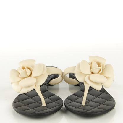 Chanel Jelly Quilted Camellia Thong Sandals 36 Black White 2 of 7