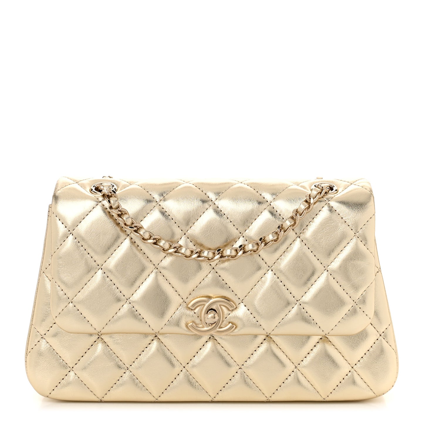Metallic Lambskin Quilted Flap Gold
