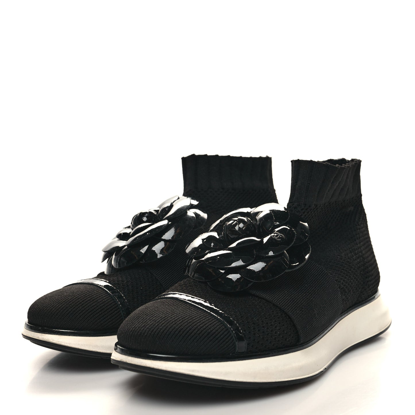 Knit Patent Calfskin Womens High Top Camellia Sneakers 36 Black