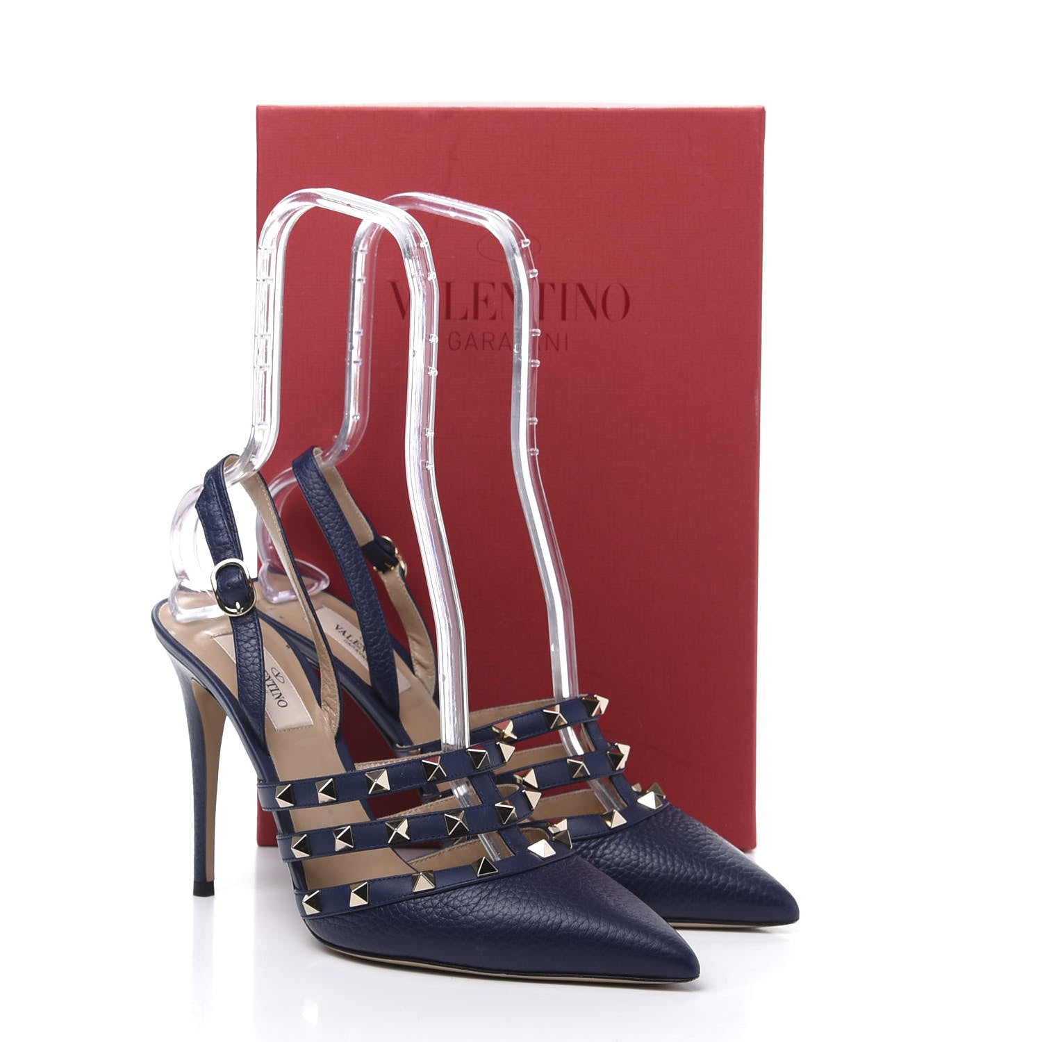 Valentino Garavani Pebbled Calfskin Rockstud Cage Slingback Pumps 40 Pure Blue 9 of 9