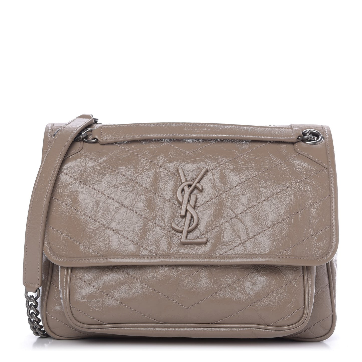 Crinkled Calfskin Matelasse Monogram Medium Niki Chain Satchel Light Taupe