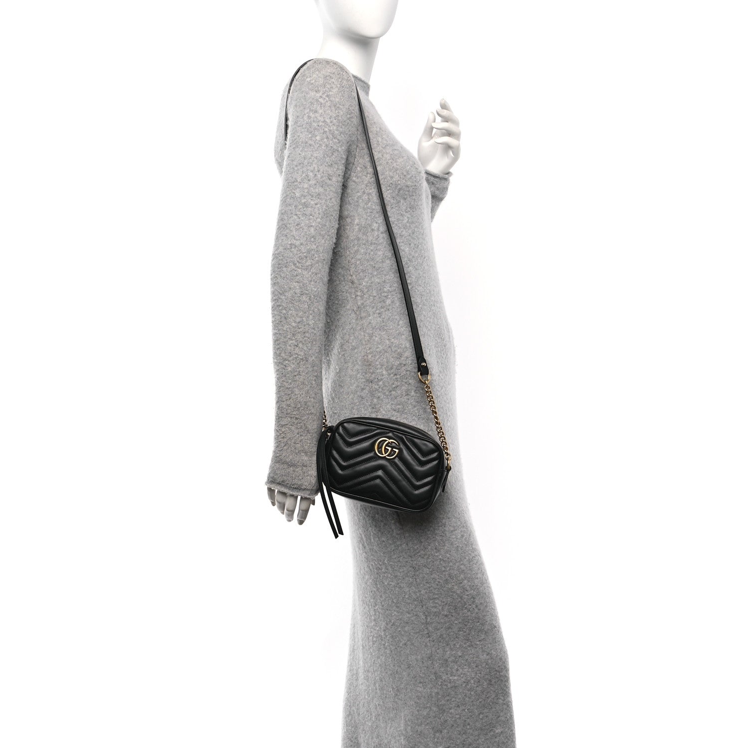 Gucci Calfskin Matelasse Mini GG Marmont Chain Shoulder Bag Black 2 of 10
