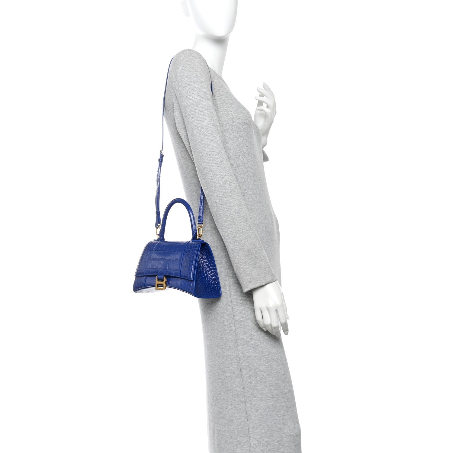 Balenciaga Shiny Calfskin Crocodile Embossed Small Hourglass Top Handle Bag Indigo 2 of 9
