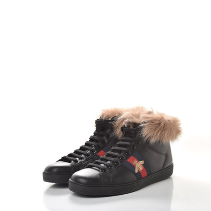 Gucci Calfskin Wool Web Bee Embroidered Mens Ace High Top Sneakers 9 Black 3 of 9
