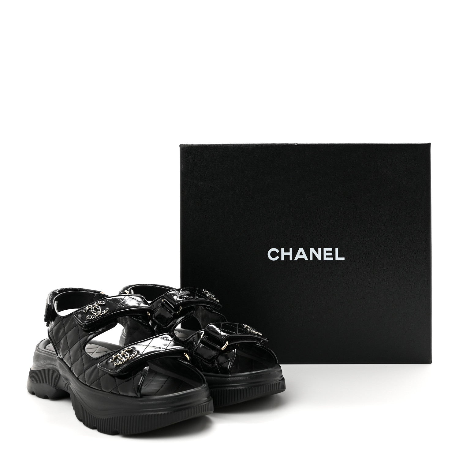 Chanel Shiny Calfskin Chain CC Velcro Dad Platform Sandals  38 Black 10 of 10