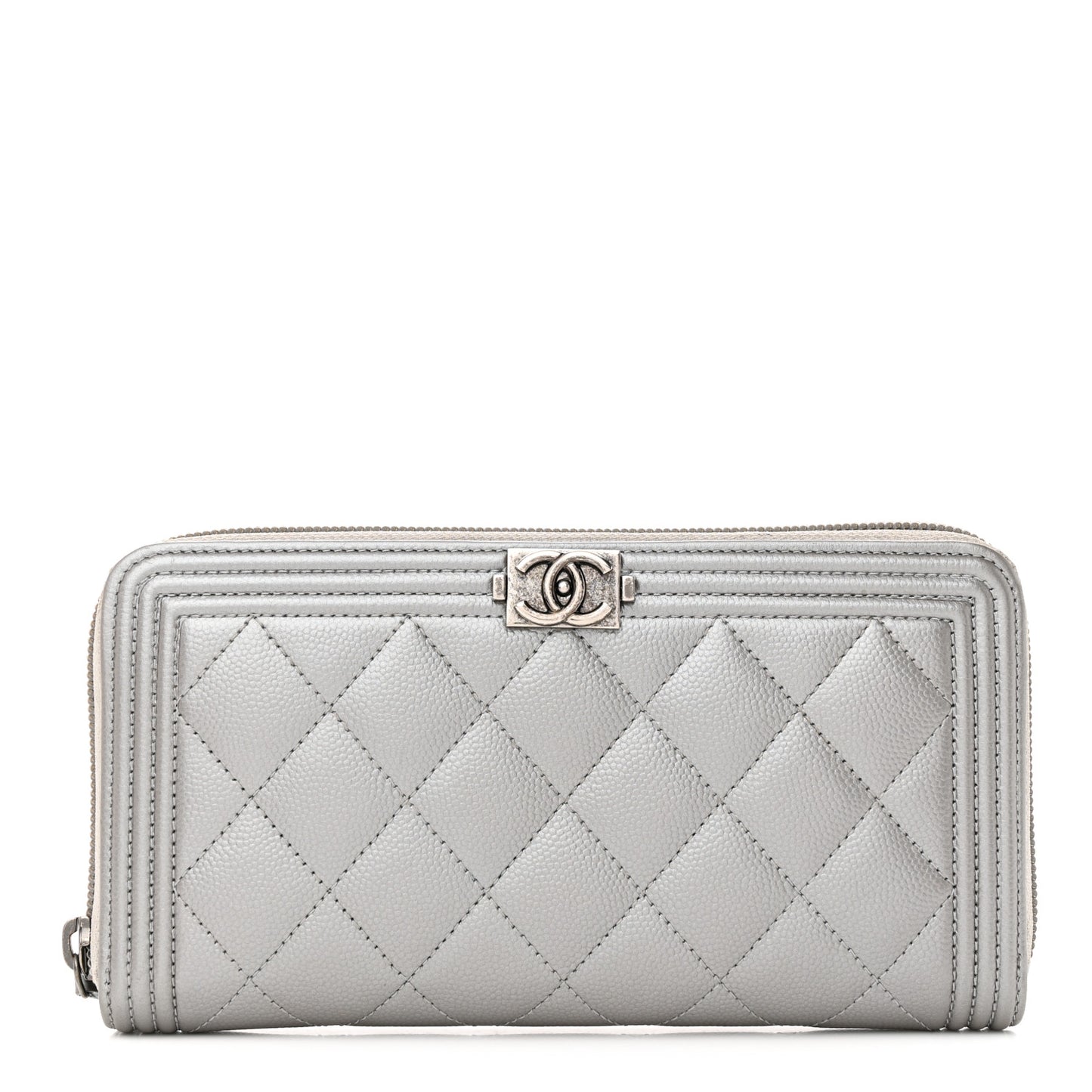 Metallic Caviar Quilted Boy Zip Around Wallet Silver