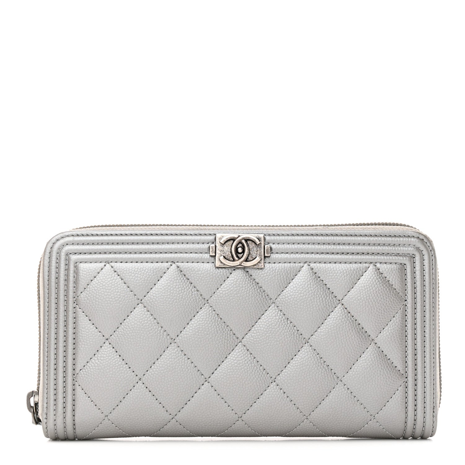 Chanel Metallic Caviar Quilted Boy Zip Around Wallet Silver 1 of 10