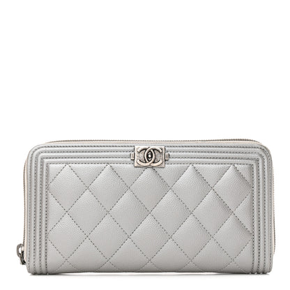 Chanel Metallic Caviar Quilted Boy Zip Around Wallet Silver 1 of 10