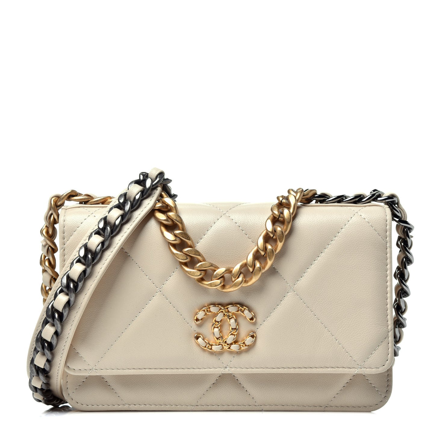 Goatskin Quilted Chanel 19 Wallet On Chain WOC Light Beige