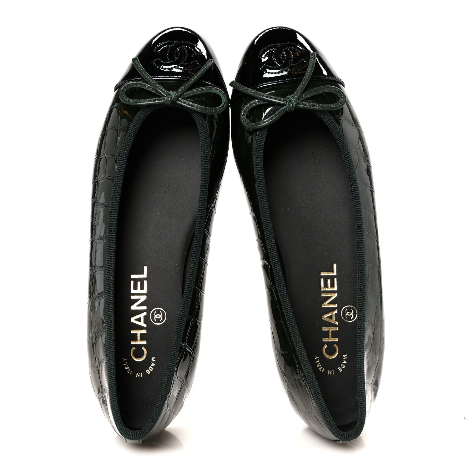 Chanel Patent Calfskin Crocodile Embossed Ballerina Flats 36.5 Dark Green Black 2 of 10