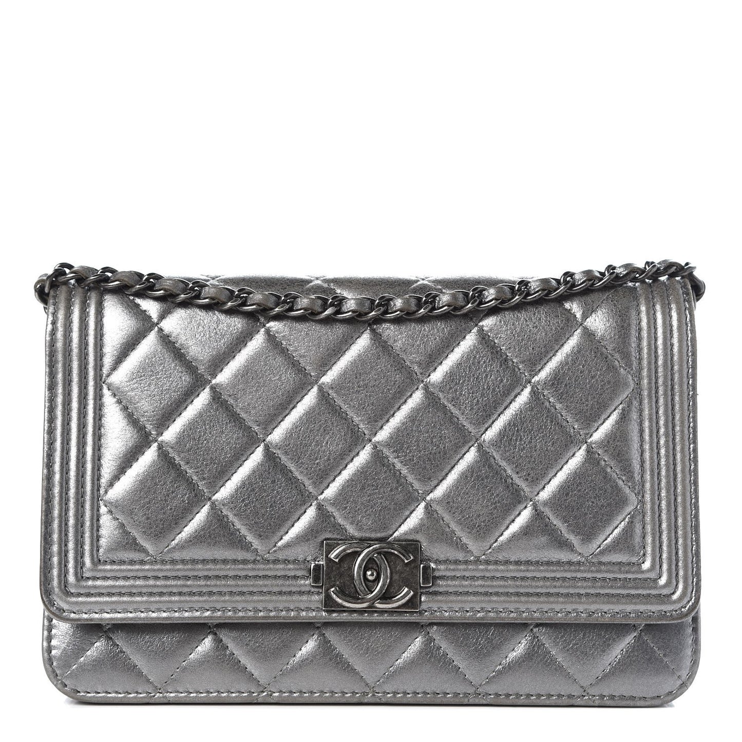 Metallic Calfskin Quilted Boy Wallet On Chain WOC Silver