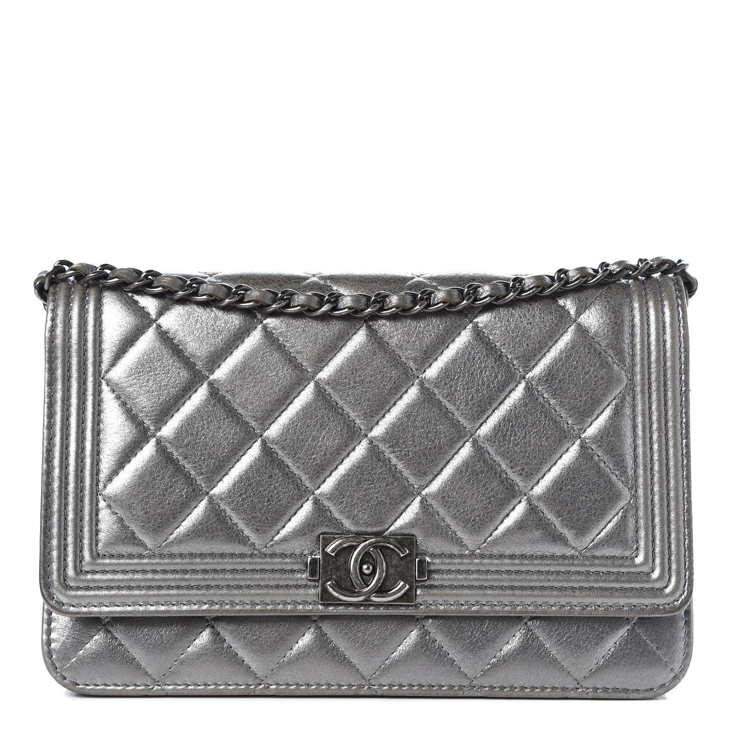 Chanel Metallic Calfskin Quilted Boy Wallet On Chain WOC Silver 1 of 10