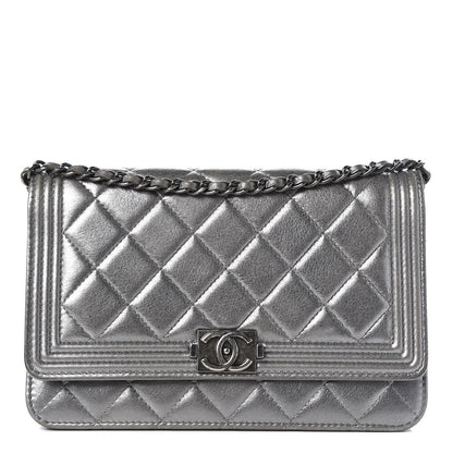 Chanel Metallic Calfskin Quilted Boy Wallet On Chain WOC Silver 1 of 10