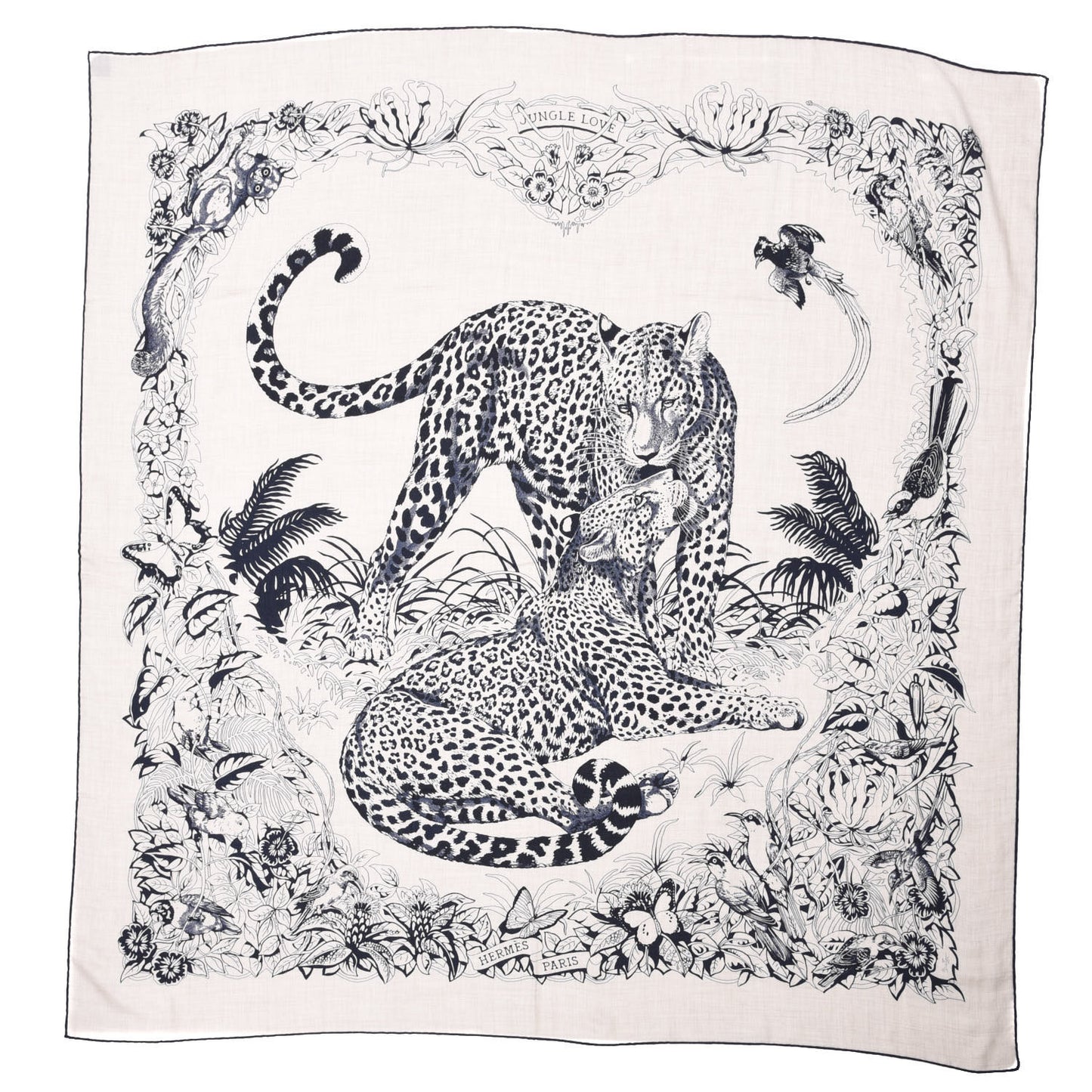 Cashmere Silk Jungle Love Tattoo Shawl 140 Natural Bleu Black