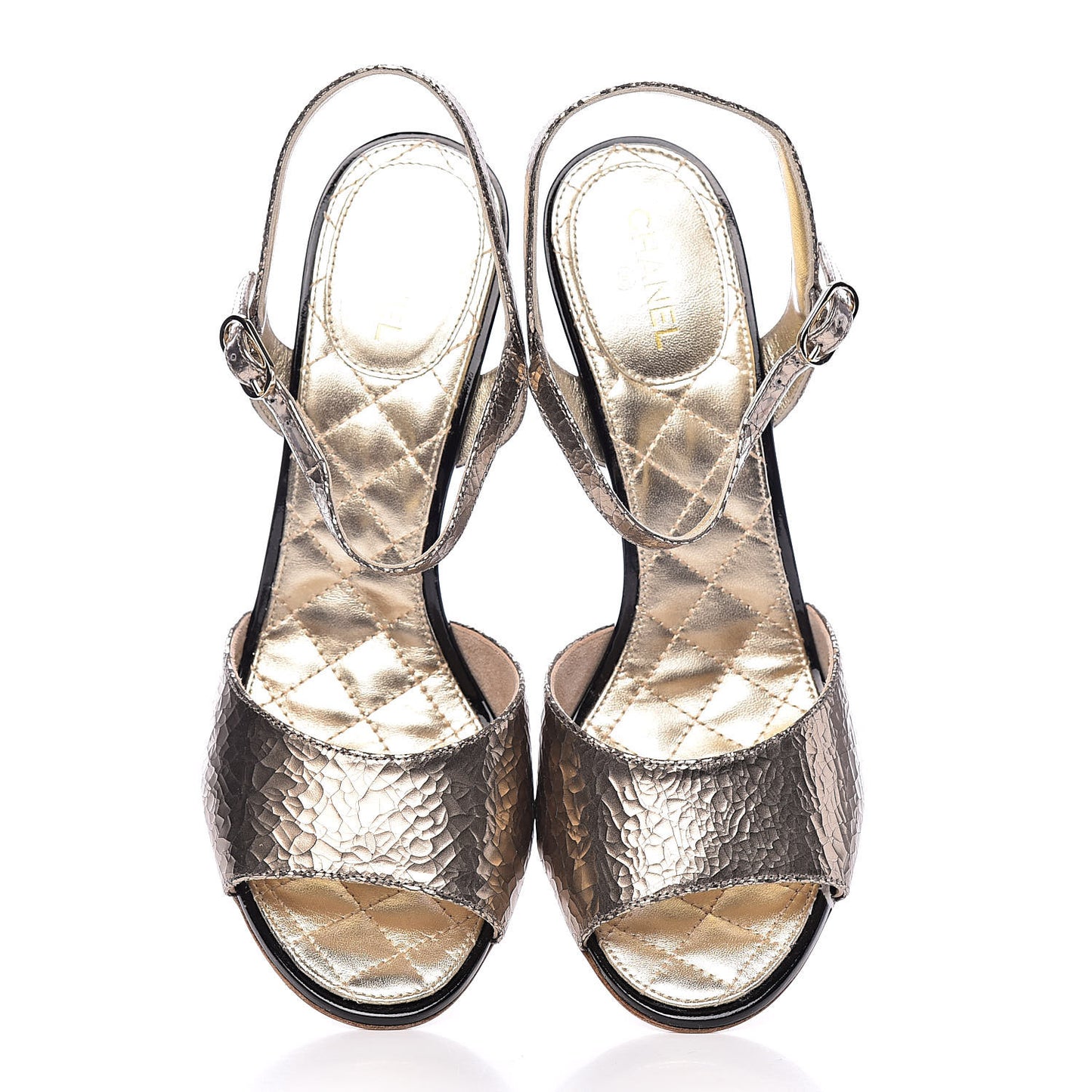 Metallic Crackled Calfskin Pearl CC Wedge Sandals 41 Gold Black
