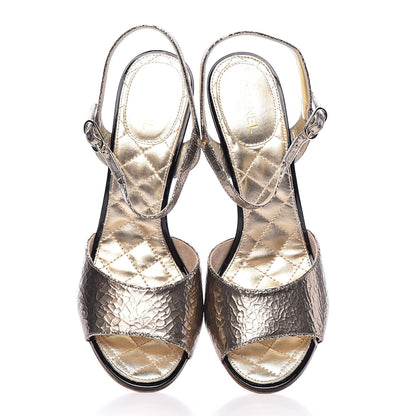 Chanel Metallic Crackled Calfskin Pearl CC Wedge Sandals 41 Gold Black 11 of 12