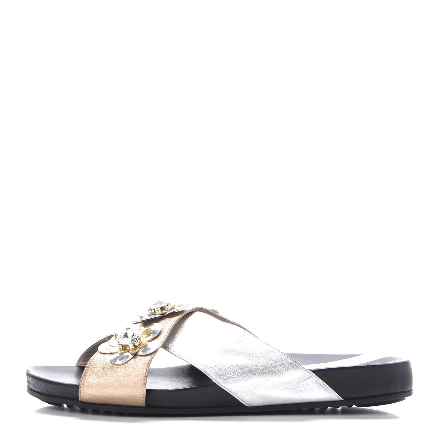Metallic Nappa Crystal Flowerland Crisscross Slide Sandals 40 Argento Bronze Gold