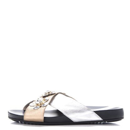 Fendi Metallic Nappa Crystal Flowerland Crisscross Slide Sandals 40 Argento Bronze Gold 1 of 10