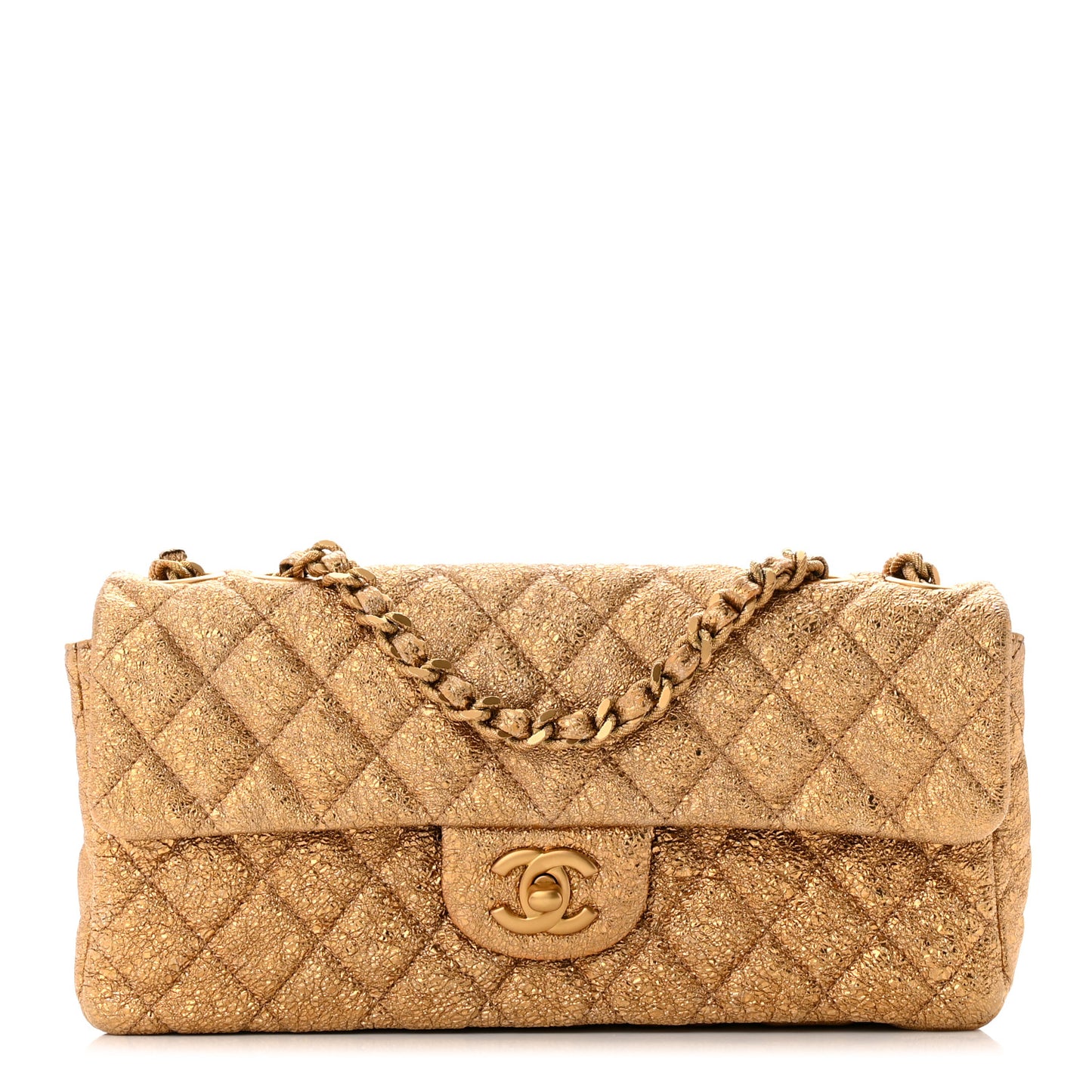 Metallic Crackled Calfskin Quilted East West Flap Dark Gold