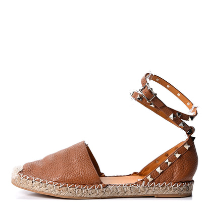 Valentino Garavani Grained Calfskin Rockstud Ankle Wrap Espadrille Flats 39 Cognac 1 of 10