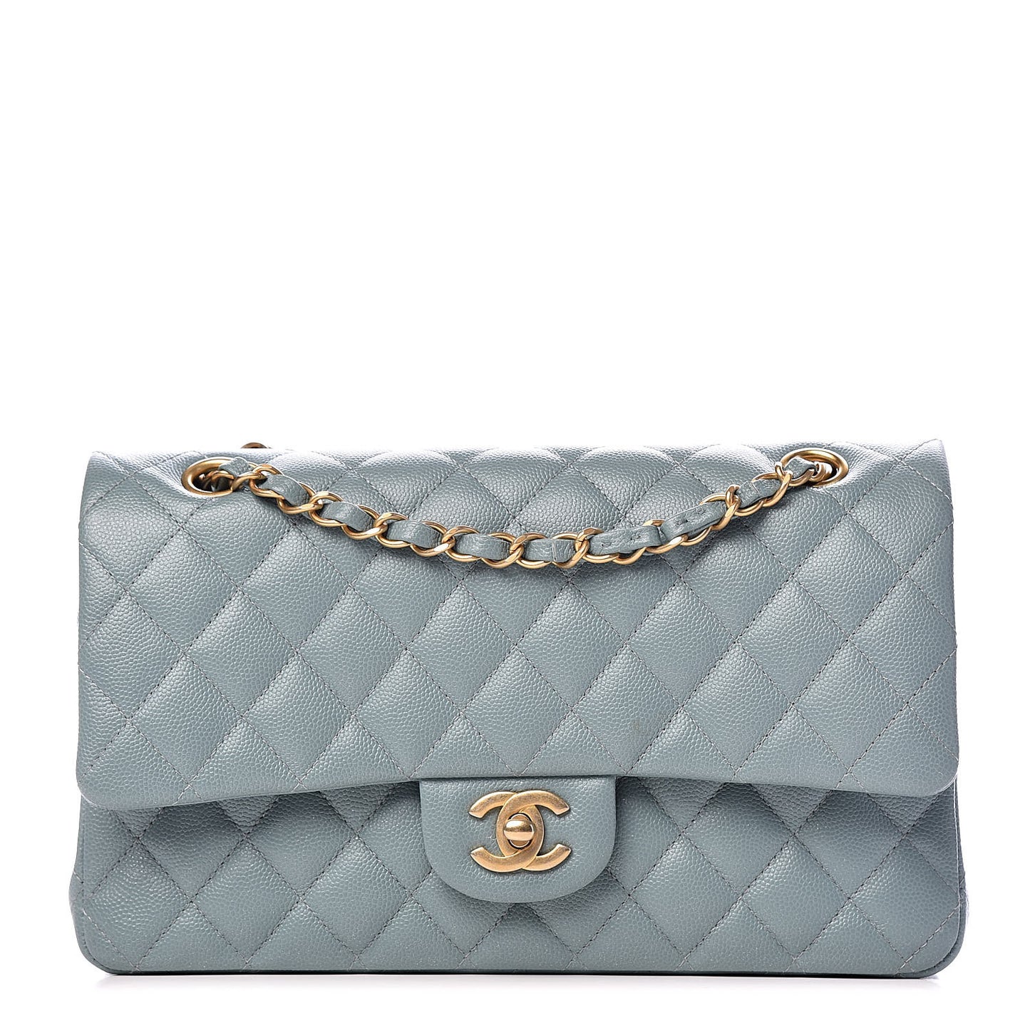 Iridescent Caviar Quilted Medium Double Flap Light Blue