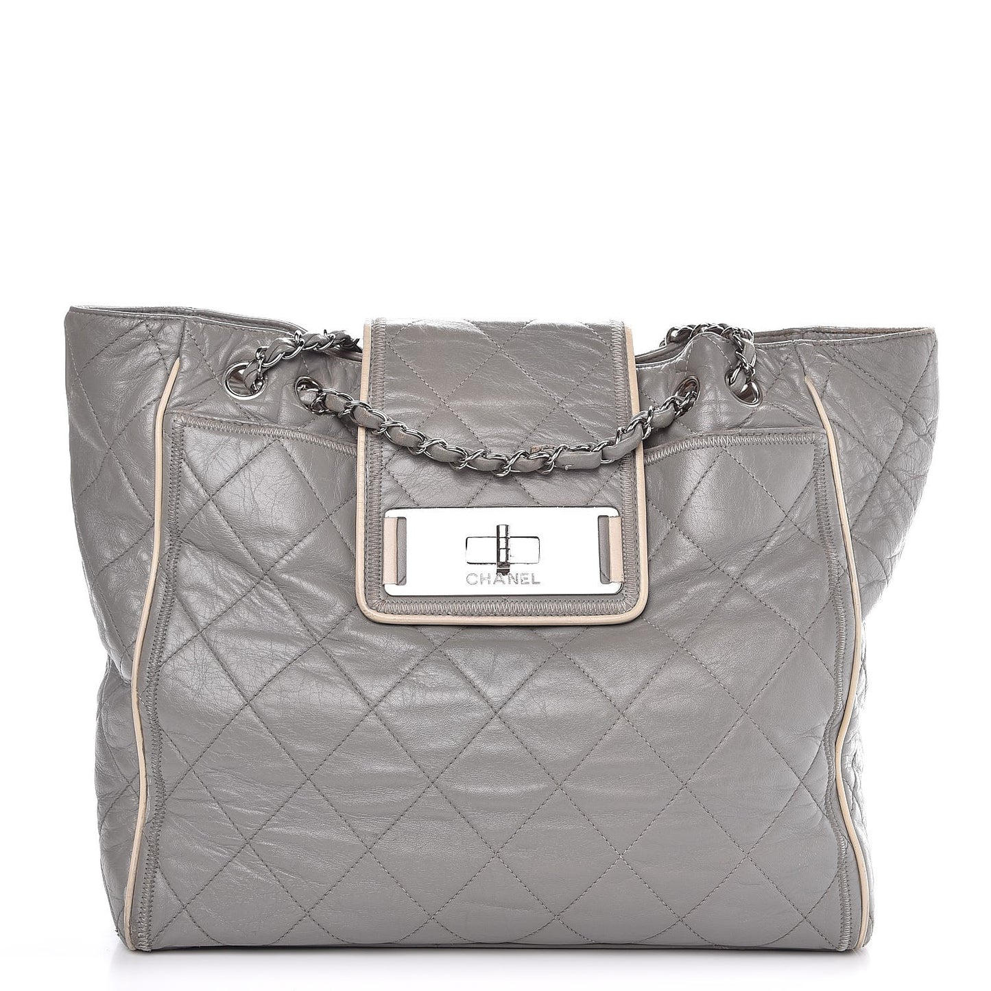 Glazed Lambskin Quilted Large North South Tote Grey