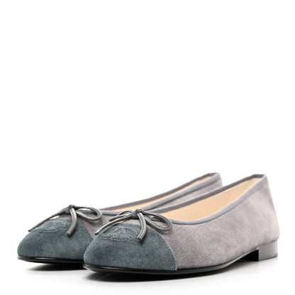 Chanel Velvet Cap Toe Ballerina Flats 37 Grey Green 3 of 9