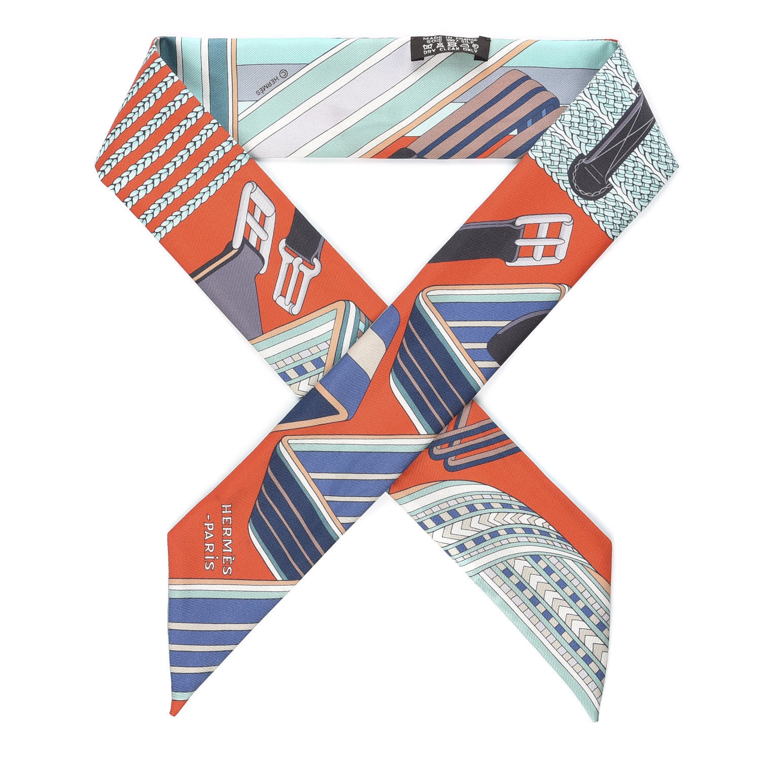 Hermes Silk Sangles En Zigzag Twilly Orange Turquoise Gris 1 of 5