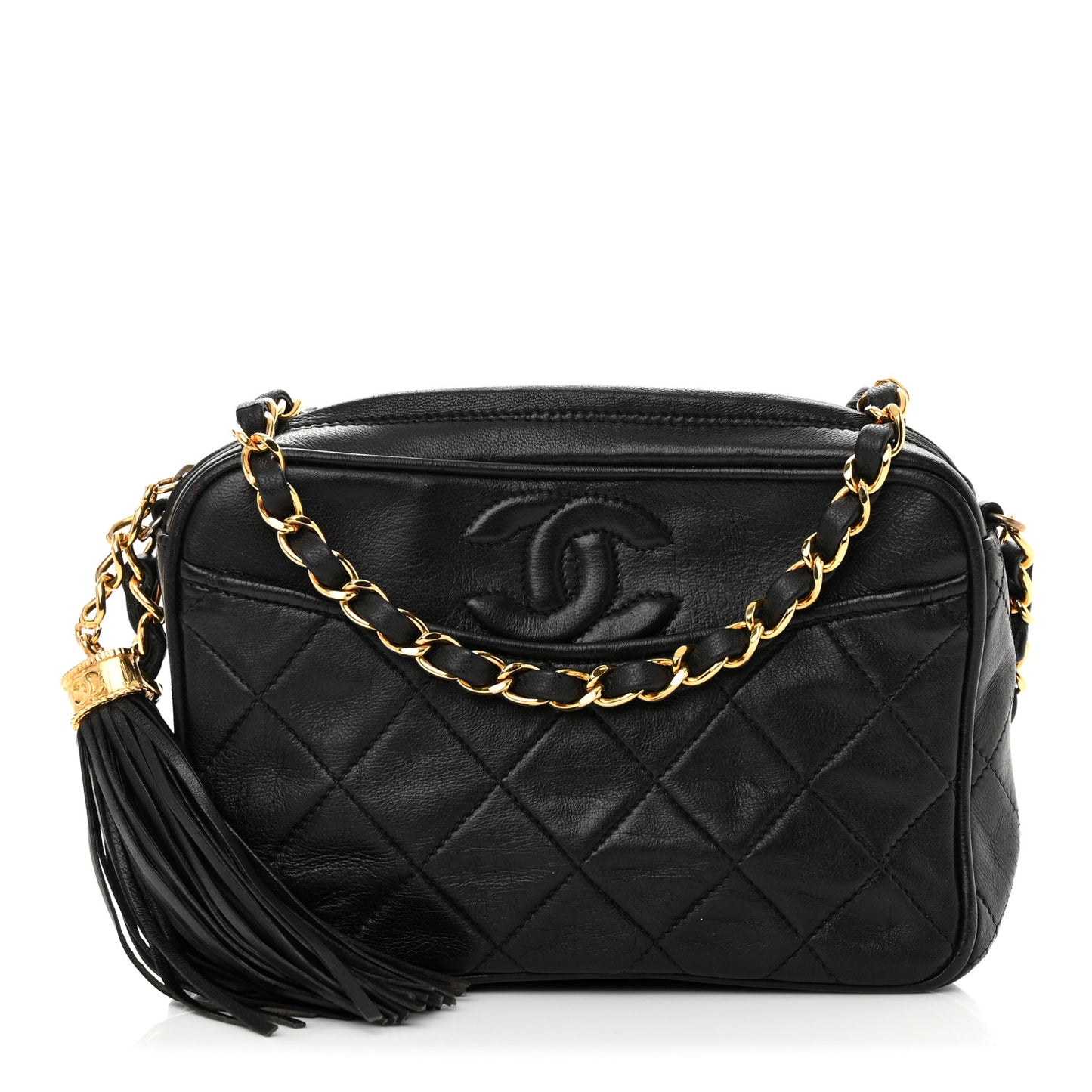 Lambskin Quilted Tassel Camera Case Black