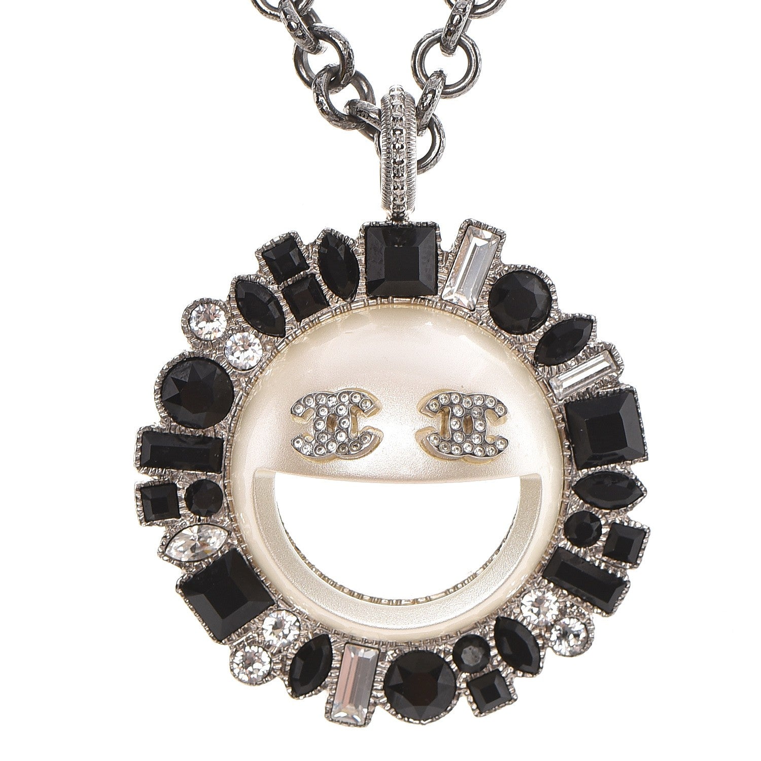 Chanel Crystal CC Smiley Emoji Pendant Necklace Silver Black 3 of 6